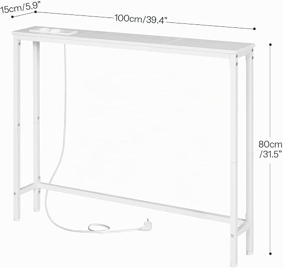 HOOBRO 100cm Narrow Console Table with Multiple Plug in Entryway Table Behind Sofa Living Room Hallway Metal Frame White EWW52CXG01G1