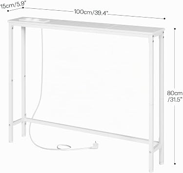 HOOBRO 100cm Narrow Console Table with Multiple Plug in Entryway Table Behind Sofa Living Room Hallway Metal Frame White EWW52CXG01G1