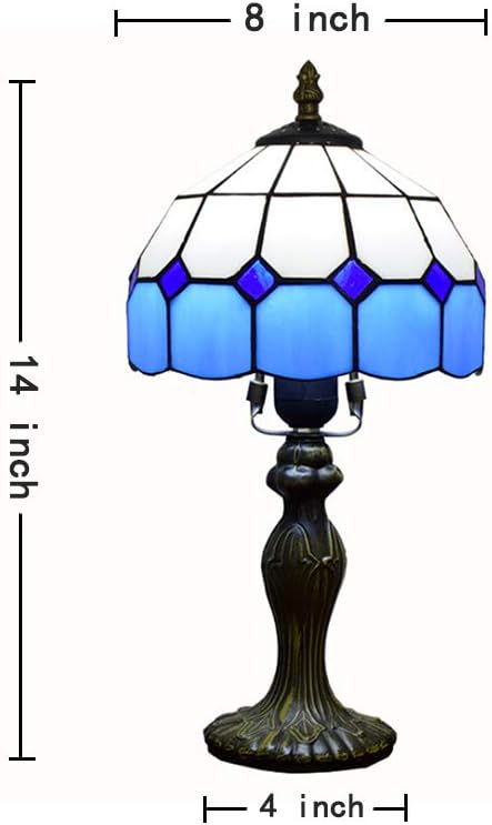 Tiffany Style Mediterranean Table Lamp Light Blue Lattice Stained Glass 8 Inch Shade Bedroom Desk Lamps Antique Zinc Base for Office Lighting