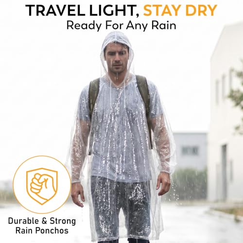 Image of Disposable Rain Ponchos for Adults, 5 Pack /10 Pack, Clear Waterproof Ponchos with Hood for Travel & Hiking