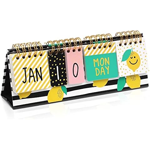 Paper Junkie Lemon Perpetual Flip Calendar for Office Desktop, Classroom Supplies, Desk Calendar with Day, Date, and Month Display for Planning, Home, Kitchen Decor (8 x 3.5 Inches) Cover