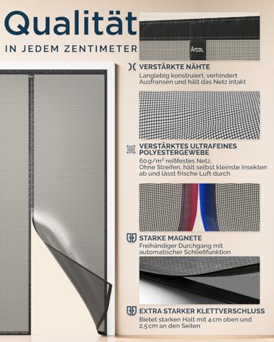 ARCOL Fliegengitter Balkontür Zuschneidbar in der Breite - Fliegengitter Balkontür Nach Maß mit Klettverschlüssen - Robustes Magnetisches Fliegengitter - Insektenschutz Balkontür (155x200 cm, Schwarz)