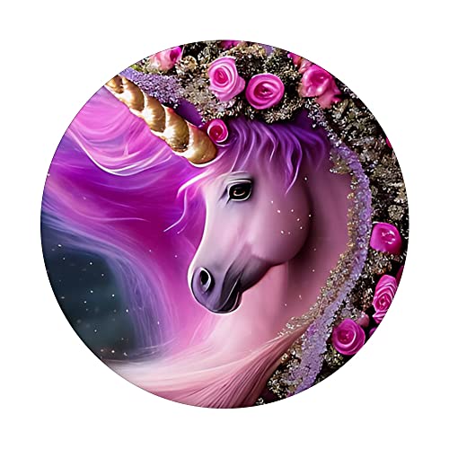 Magical Unicorn with Pink Roses PopSockets Swappable PopGrip, Black - Image 3