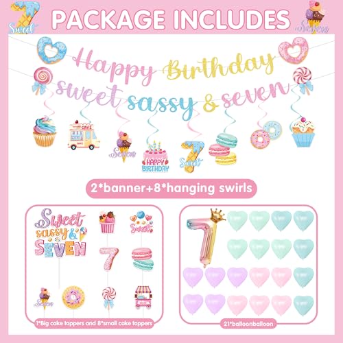 Image of 7th Birthday Party Decorations - 40 Pcs Donut Sweet Sassys and 7 Hanging Swirls Decors Sets for Girls Seven Candy Celing Banner Supplies Happy Dessert Insert Cupcake Toppers Balloons Favors