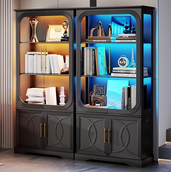Display Cabinet with Glass Doors, 69 in Tall Bookcase with LED Lights, Curio Storage Cabinet, 5 Tier Glass Display Case for Living Room, Home Office, Kitchen, Black-2Pcs