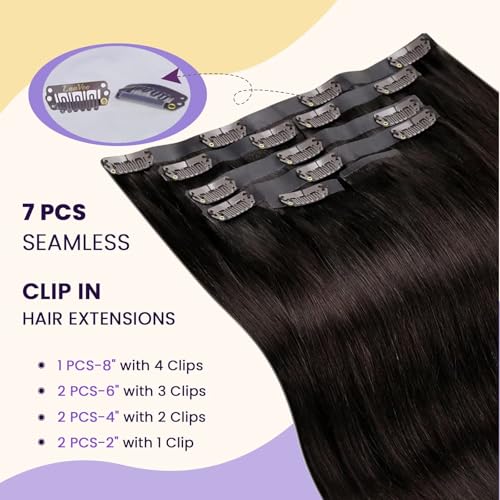 Image of LaaVoo Seamless Clip in Hair Extensions Real Human Hair Dark Brown Seamless Clip in Human Hair Extensions Seamless Hair Extensions Clip ins Invisible PU Weft 18 Inch 7pcs 110g
