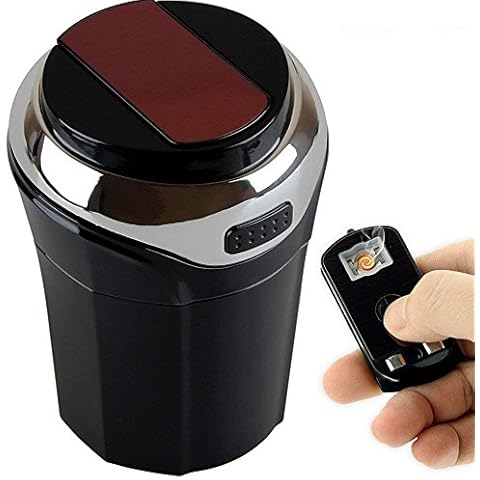 Car Ashtray, Portable Ashtray Cup with Detachable Smokeless Lighter and Blue LED Light USB Rechargeable Car Ashtray with Lid (Silver) Cover