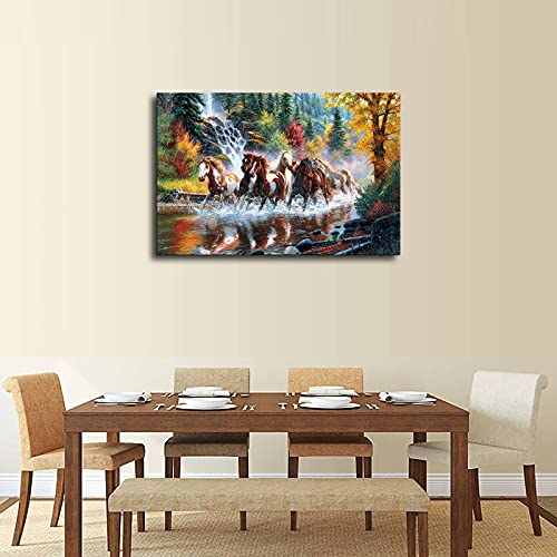 Seven Lucky Running Wild Horses Wall Art Animal Posters Canvas Printing Mountain Stream Landscape Picture For Living Room Office Study Room Decoration Gift For Friends Or Family (16×24Inch,Unframe)-Yangting #TOP1