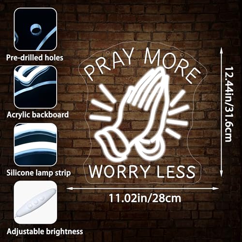 Image of Pray More Worry Less Neon Sign for Wall Decor Dimmable Praying Hands LED Neon Light Christian Decor for Prayer Room Home Church God Jesus Inspirational Religious Wall Art Gifts Size 12.4*11in(GLNP216)