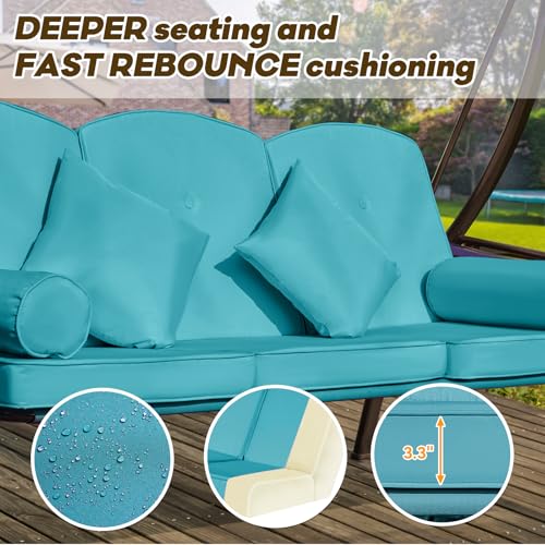 Image of 3 in 1 Outdoor Porch Swing with Adjustable Canopy, 3 Seat Outdoor Swing for Adults, Patio Swing Chair with Thickened Cushions,Pillows & Cup Holders for Backyard, Porch, Garden (Lake Blue)