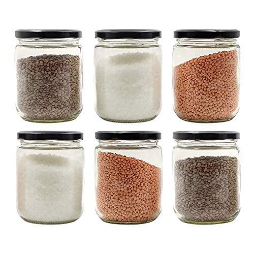 SITOVI 520 ML Glass Jar Round Shape ,With Black Metal Color Cap Rust Proof Air Tight , pack of (6)