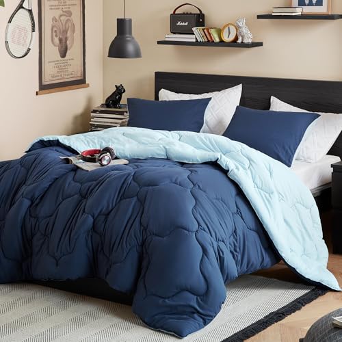 Image of Comfort Spaces Queen Comforter Set Vibrant Reversible Comforters Queen Size Quilted Bedding Set, All Season Lightweight Bedding, Soft Microfiber Comforter, Vixie, Navy /Light Blue Full /Queen 3 Piece