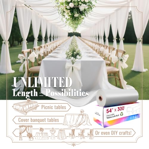Image of 600FT X 54IN Plastic Table Cloth Disposable, White Table Cover Roll