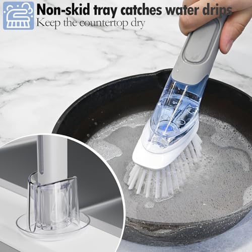 Soap Dispensing Replacement Dish Brush Storage Set with 2 PCS Brush Refills & Holder - RIMAY Dispenser Scrub Cleaning Scrubber Kitchen Dishwashing Dish Wand Handle for Dishes/Pans/Pots/Sink(Grey) - Thumbnail 2