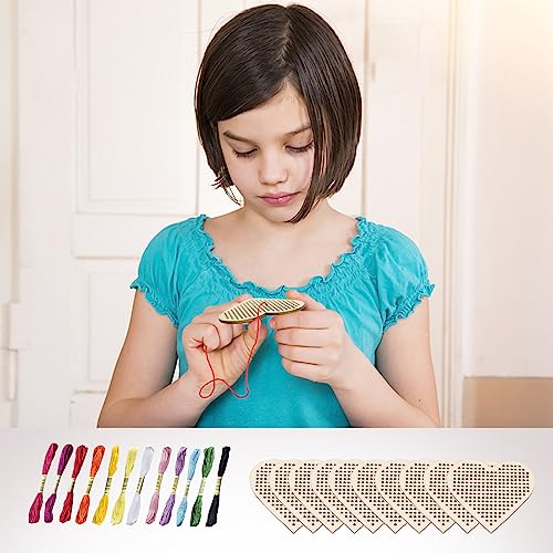 CYUaoao 12 Pack Wooden Cross Stitch Set DIY Heart Shaped Wooden Keychain Embroidery Starter Set Cross Stitch Kit for Beginners Kids Teenagers DIY Art Craft - Image 4
