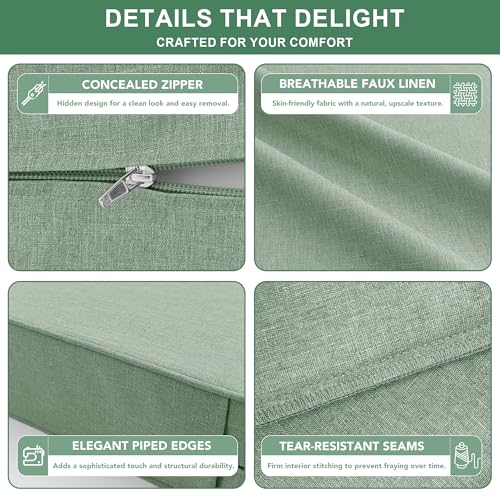Image of Summsun Outdoor Cushions for Patio Furniture, Faux Linen Water Resistant Backrest and Deep Seat Cushion Set with Removable Cover, Ties, Non-Slip Bottom, 22 x 22 Inch, Sage Green, Set of 2