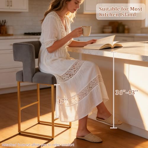Image of Counter Height Bar Stools Set of 4, Grey Velvet Bar Chair Gold Leg | 26 inch Seat Height Fits Standard Kitchen Islands, Upholstered Barstools, Back Support, Square Metal Legs, Footrest