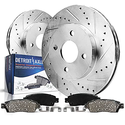 Image of Detroit Axle - 4 Lugs Front Brake Kit for 2000-2006 Nissan Sentra, 1993-2001 Altima, 1999-2002 Infiniti G20, Drilled and Slotted Brake Rotors w /Ceramic Brakes Pads: 11.02'' inch Rotors