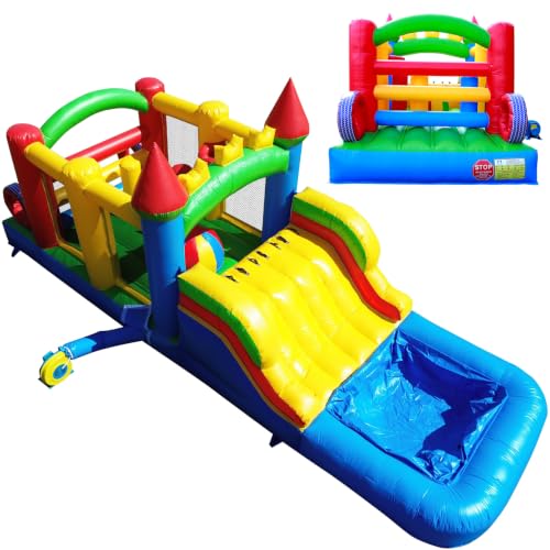 Image of 23FT Commercial Bounce House for Big Kids (0.45mm Heavy Duty PVC) (500lbs Capacity) Inflatable Obstacle Course with Splash Pool /Wide Water Slide /1100W Blower, Backyard Outdoor Party 23x8x9FT