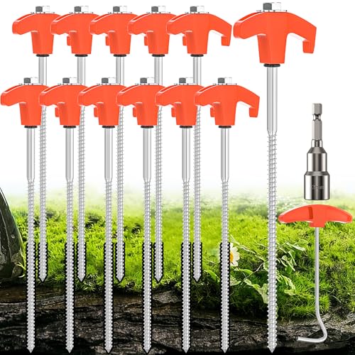 YAOBLUESEA 12 piquetas Tienda de campaña estaca de Tienda estacas Camping atornillables piquetas de Acero Camping 25CM Suelo Duro taladros hexagonales y Ganchos en Forma de t