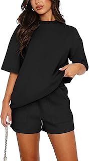 REORIA Women Cotton Short Sleeve Tracksuit Set Crew Neck Sol