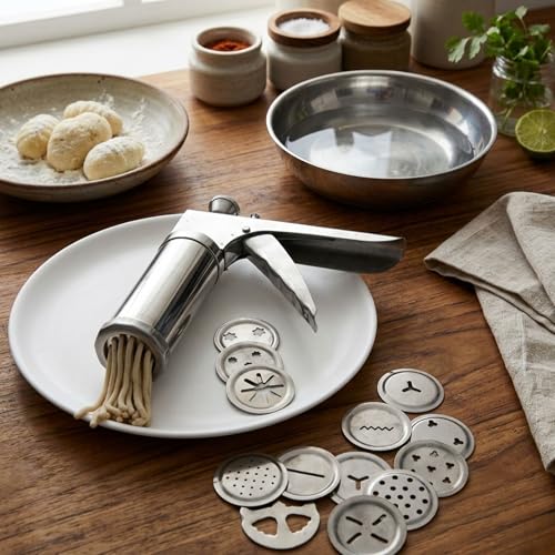Image of we3 Stainless Steel Kitchen Press with 15 Different Types of Jalies Sev Maker, Idiyappam Press, Murukku Machine, Noodle & Namkeen Maker, Gathiya Maker Multipurpose Snack Maker