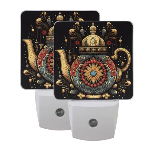 Image of Tea Pot Night Lights 2 Pack Plug-in Wall Led Nightlight Auto Dusk-to-Dawn Sensor Lamps for Bedroom Kitchen Bathroom