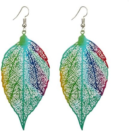 Honghong Metal Hollow Leaf Earrings Colorful Delicate Lightweight Cutout Drop Dangles (Blue)
