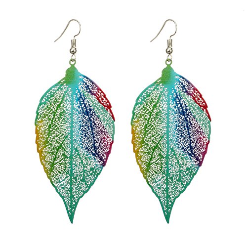 Honghong Metal Hollow Leaf Earrings Colorful Delicate Lightweight Cutout Drop Dangles (Blue) #TOP3