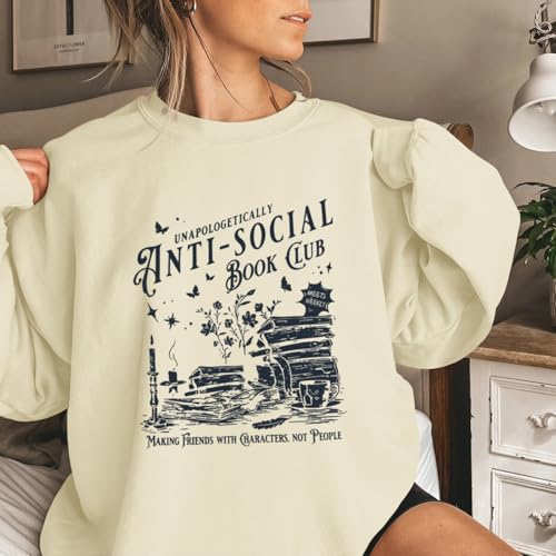 playtravel Anti Social Book Club Sweatshirt Women Teacher Book Sweatshirts Graphic Oversized Funny Pullover Hoodie(Apricot,M) - Image 5