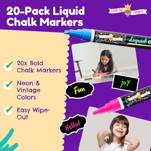 Image of CHALKY CROWN Liquid Chalk Markers - Bold Chalkboard Markers- 20 Pack, 6mm | 20 Bold Vibrant Colors for Glass, Windows, Blackboards & Signs - Reversible Chisel & Bullet Tips - Non-Toxic Ink Base