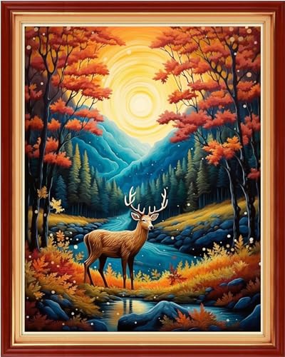 Image of Dimensean Stamped Cross Stitch Kits Full Range of Embroidery Patterns Starter Kits for Beginners Adult DIY Cross Stitches Needlepoint Kits 11CT-Night Elk 16x20 inch