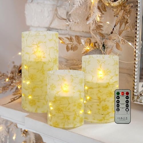 Image of Flickering Flameless Candles, Recessed String Light LED Candles 3D Wick Acrylic Battery Operated LED Pillar Candles with Remote and Timer for Modern Simple Home Decor Set of 3(Gold Flower)