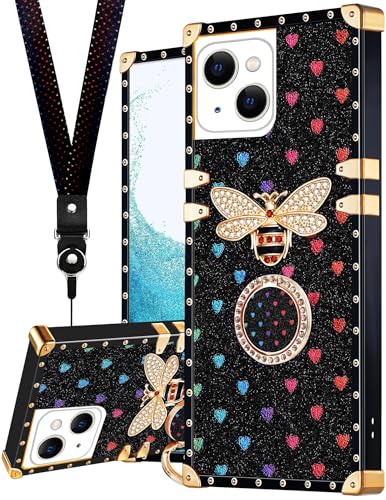 Loheckle for iPhone 14 Case, Designer Retro Luxury Cases for Women with Ring Stand Holder and Lanyard, Stylish Bee Cute Cover for iPhone 14 6.1 Inch