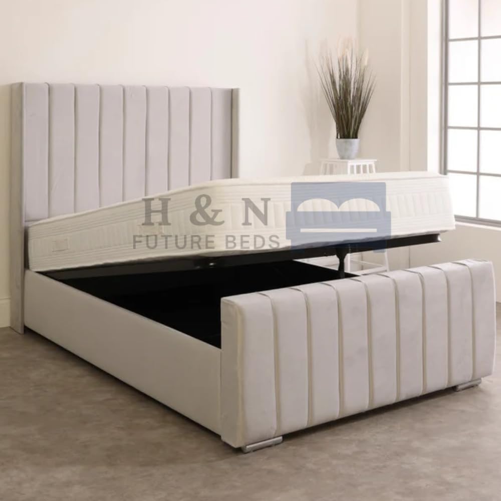 H&N FUTURE BEDS | Wingback Panel 54" Bed Frame Plush Velvet Ottoman Storage Upholstered Bed in 3ft,Double 4ft6” King 5ft, 6ft (Ivory Plush without mattress, 3FT Single without Gaslift)