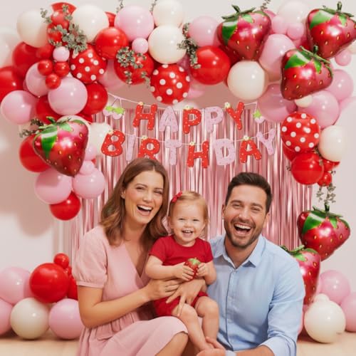 Image of Strawberry Birthday Party Decorations 101pcs, Red Pink Red white Strawberry Balloons with Pink Fringe Curtain Happy Birthday Banner for Sweet Girl Berry First Birthday Baby Shower Party Decor