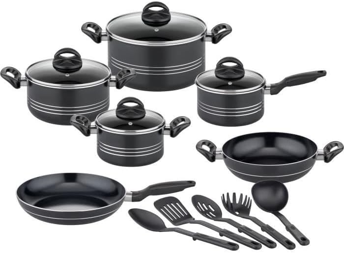 GSW Milano Grey Cooking Pot Set, 15 Pieces, High-Quality Pot Set for Induction, Ceramic & Gas, Non-Stick Coating, Cooking Pots with Glass Lid and Kitchen Utensils, Pots and Pans