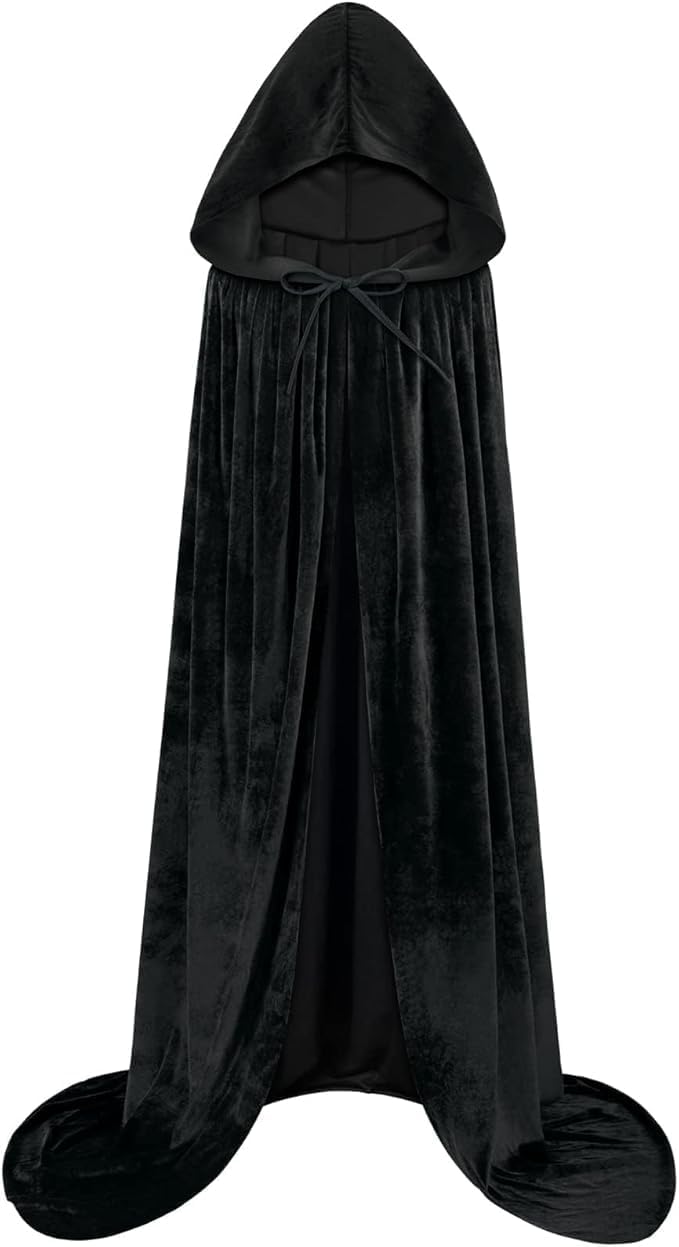 Full Length Hooded Cloak Velvet Cape with Hood Halloween Capes, Women Witch Costume Vampire Cloak Wizard Robe, Men Christmas Cosplay Costume