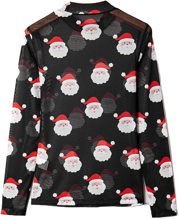 Womens Mesh Long Sleeve Top Bodycon Sheer Mock Neck Christmas Shirt Sexy See Through Santa Graphic Lace Undershirt - Image 3