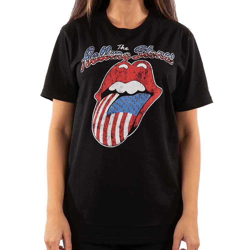 The Rolling Stones Men's Black T Shirt Diamante Usa Tongue Band Logo Official Unisex S