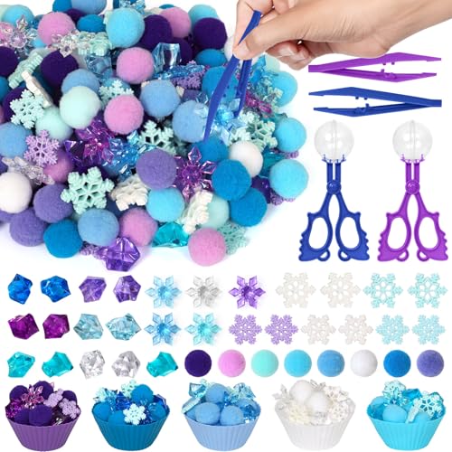 OAXNTGW 264 Pcs Winter Sensory Bin Items Winter Frozen Snowflake Counting Sorting Sensory Bin Filler Fine Motor Acrylic Frozen Snowflake Counts for Xmas Counting Decor