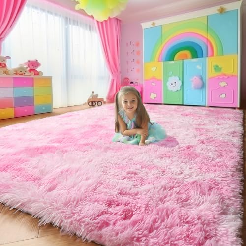 Amdrebio Tie-Dyed Pink and White Rug 5x8 for Girls Bedroom, Soft Area Rugs for Kids Room, Cute Fluffy Fuzzy Princess Rugs for Playroom Dorm, Furry Shaggy Carpet for Baby Nursery, Preppy Room Decor