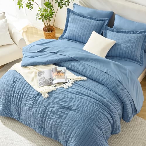 Image of HIMEET Oversized Queen Comforter Set - 7 Pieces Seersucker Bed in a Bag, Boho Bedding Set for Bedroom Decor, All Season Home Essential Bed Set with Comforter, Sheets, Pillowcases & Shams, Grayish Blue