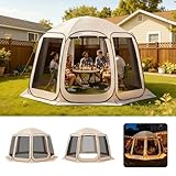 VEVOR Pop up Screen House Tent, 12 x 11 ft, 10-12 Person Screen Gazebo, Portable Screened in Canopy with Carry Bag, Netting Sides, Ground Stakes, for Garden, Patio, Backyard, Outdoor Activities, Beige