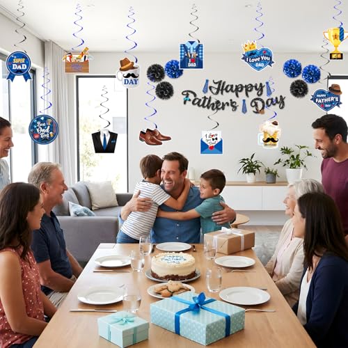 Image of 19pcs Fathers Day Decorations, Blue Black Pre-assembly Happy Fathers Day Banner Fathers Day Hanging Decorations, Fathers Day Decorations for Party Home Office