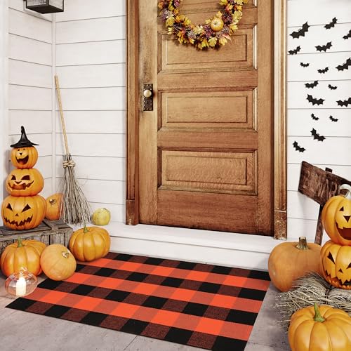 Kimode Buffalo Plaid Fall Outdoor Rug 27.5"X43",Washable Halloween Door Mat,Reversible Front Porch Rug,Checkered Layering Rug For Entryway,Halloween Front Porch Decor,Orange And Black thumb #6