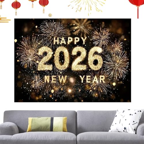 Happy New Year 2026 Leinwand – Banner zur Dekoration von Silvesterpartys, 203,2 x 149,9 cm | Leinwand für Innen- und Außenbereich, für Wohnzimmer, Garage, Hof,