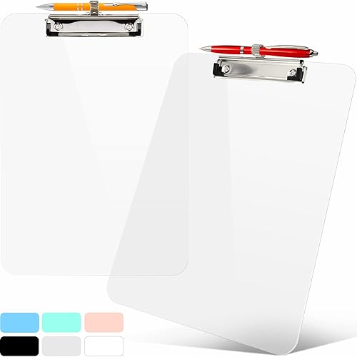 Vista 25 de Sooez Portapapeles de plástico con soporte para bolígrafo, [10% más grueso] Tableros de clip de 8.5 x 11 pulgadas con clip de perfil bajo, Naranja