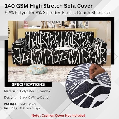 Image of Lukzer 4 Seater Black & White Design Universal Sofa Cover | 360 Fully Covered Anti-Slip Washable Couch Cover Protecter | 140 GSM Stretch Fit Polyester + Spandex Slipcover (230-300cm /SC-026-04)