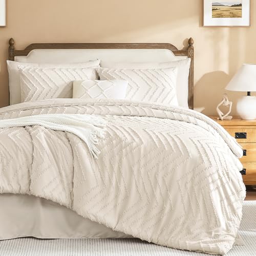 Image of Litanika Beige Queen Size Comforter Set with Sheets - 7 Pieces Bed in a Bag Queen Boho Tufted Complete Bedding Sets with Comforter, Sheets, Pillowcases & Shams